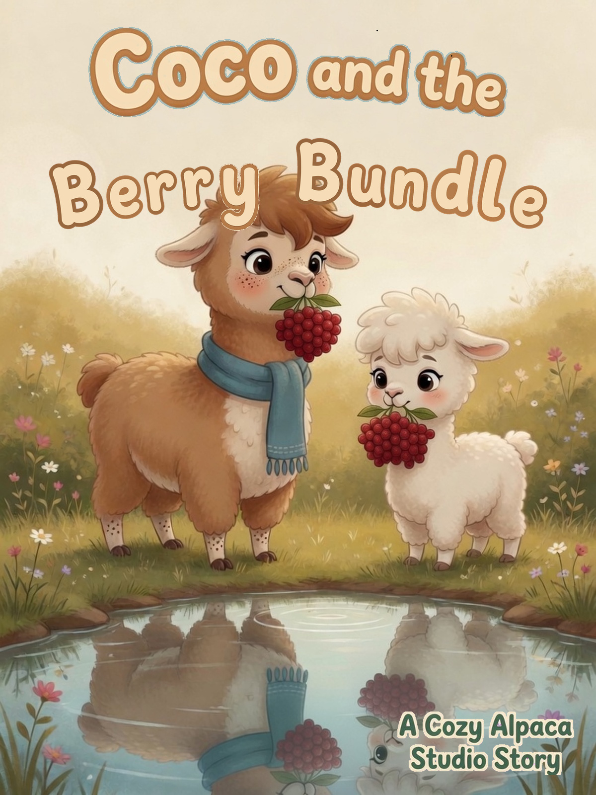 Cover of Coco and the Berry Bundle: Coco in a blue scarf and Nim holding berry bundles beside a still reflecting pool