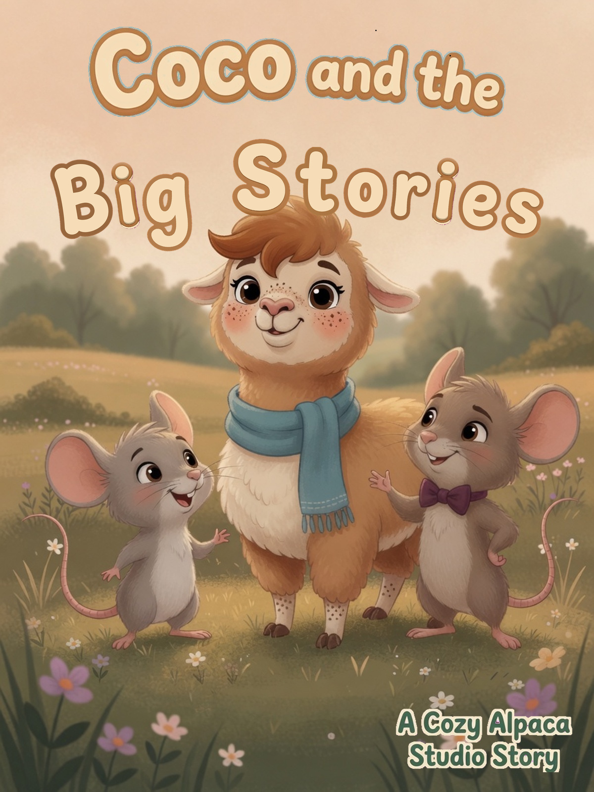 Cover of Coco and the Big Stories: Coco in a blue scarf standing between two meadow mice in a sunny field