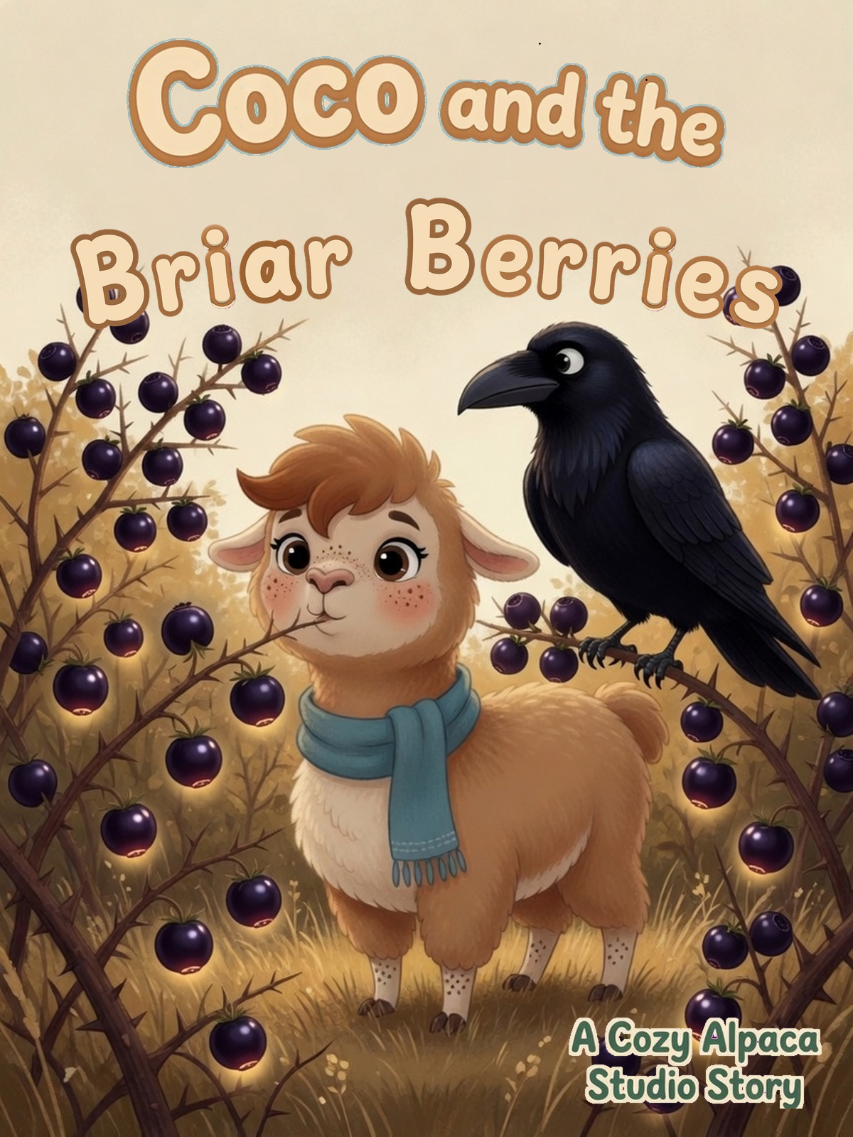 Cover of Coco and the Briar Berries: Coco in a blue scarf beside a raven among glowing berries on thorny briars