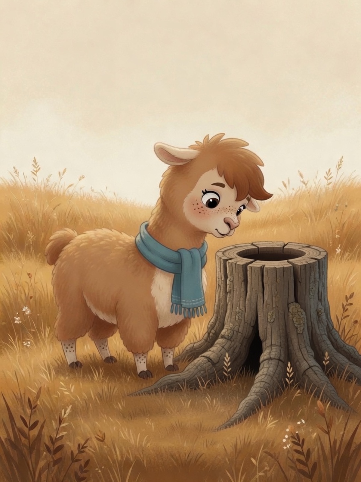 Cover of Coco and the Clever Plan: Coco in a blue scarf peering into a hollow tree stump in golden grass