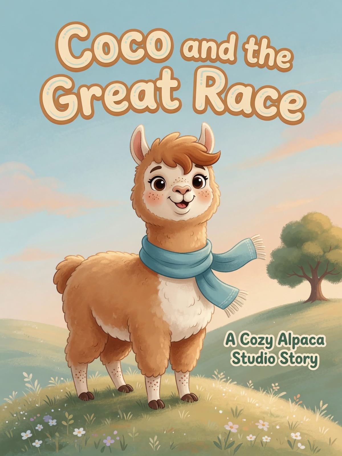 Cover of Coco and the Great Race: Coco the alpaca in a blue scarf on a sunny hill