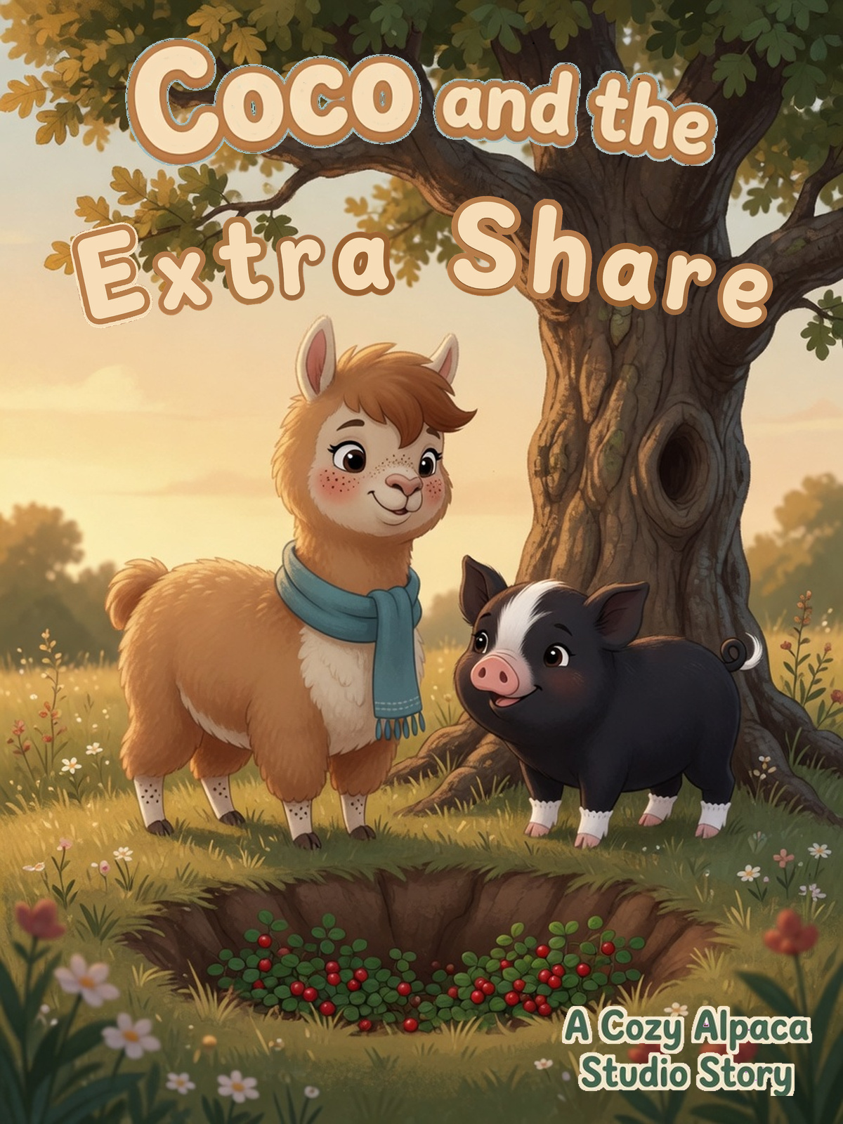 Cover of Coco and the Extra Share: Coco in a blue scarf standing with Pip the piglet beside an oak hollow of berries