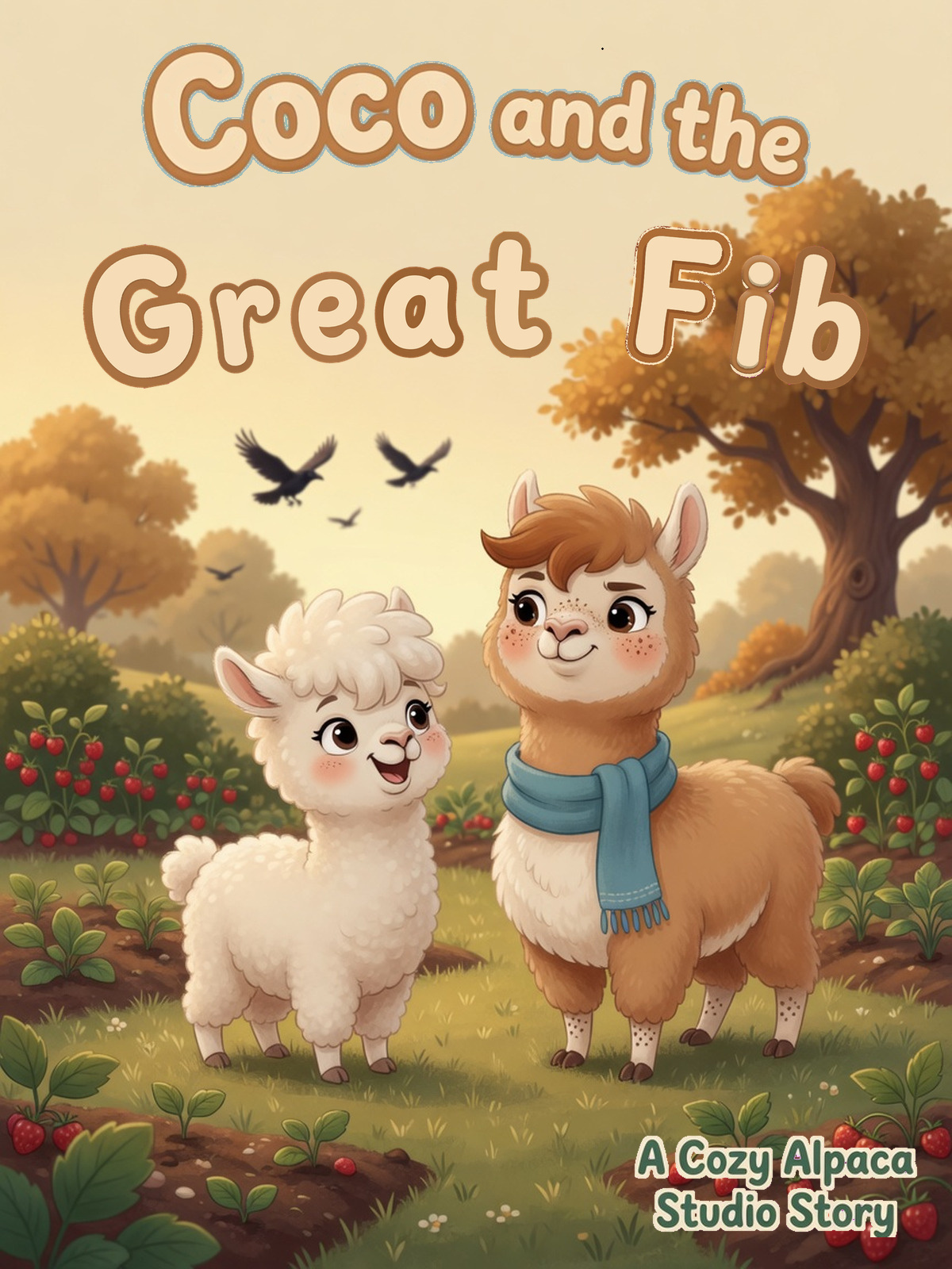 Cover of Coco and the Great Fib: Coco in a blue scarf with young Nim in a meadow garden while ravens fly overhead