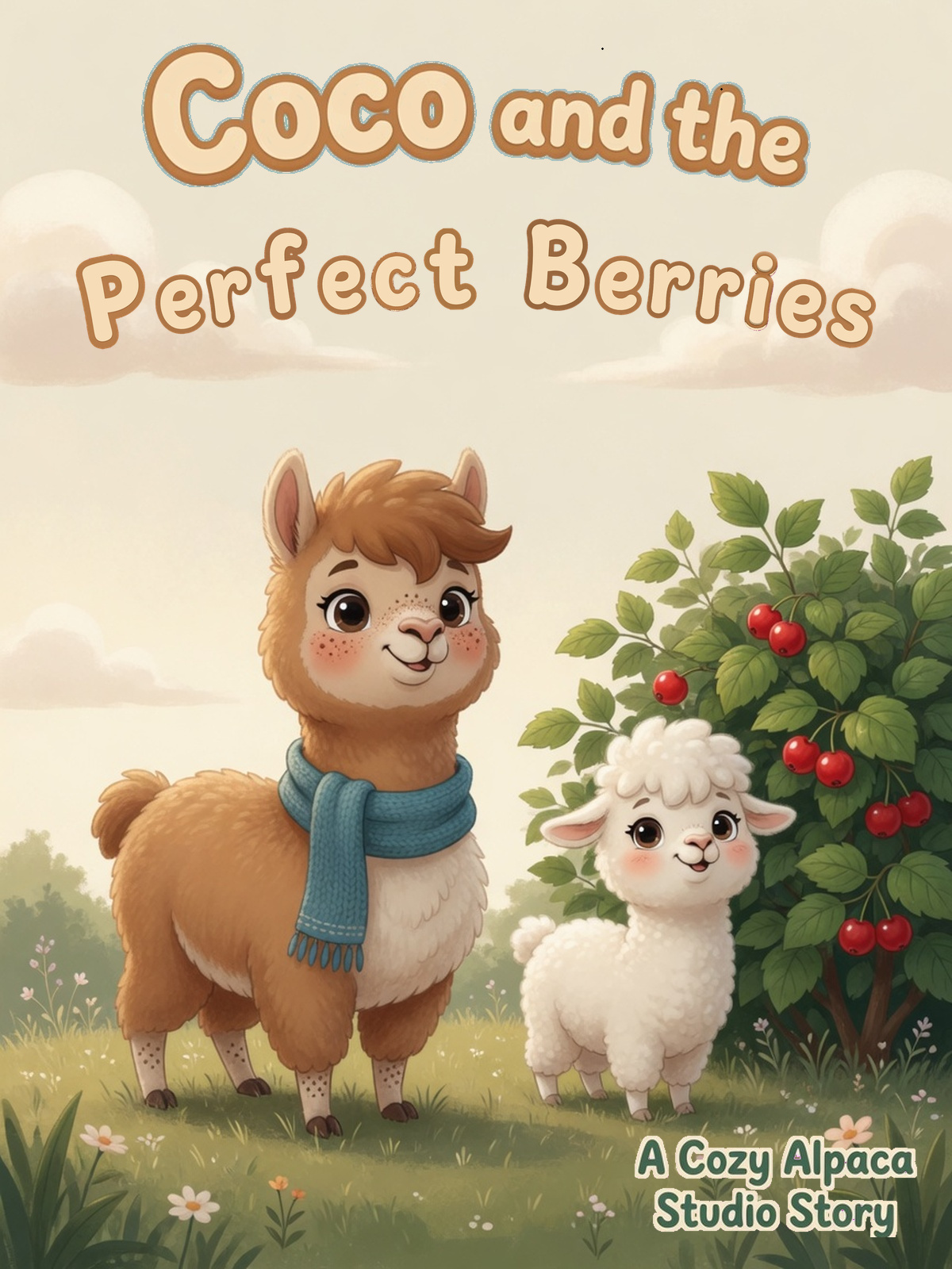 Cover of Coco and the Perfect Berries: Coco in a blue scarf with a fluffy white friend beside a bush of bright red berries