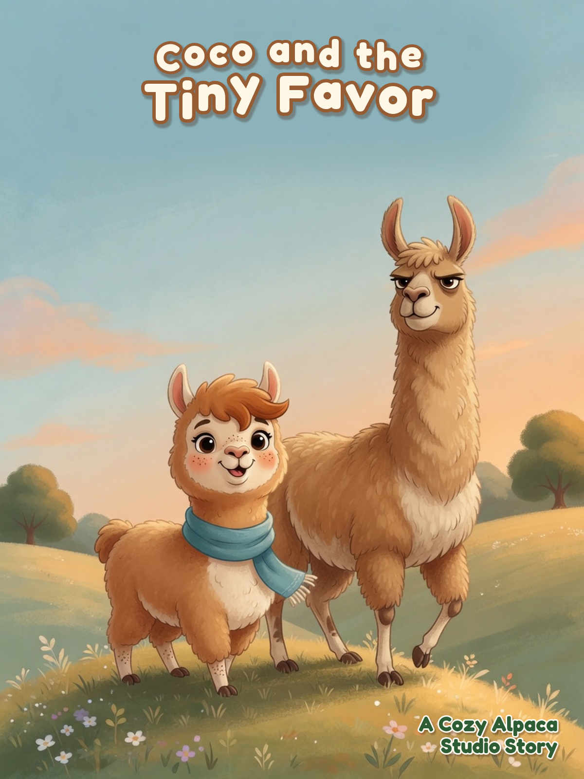Cover of Coco and the Tiny Favor: Coco in a blue scarf standing with a taller llama on a sunny hill