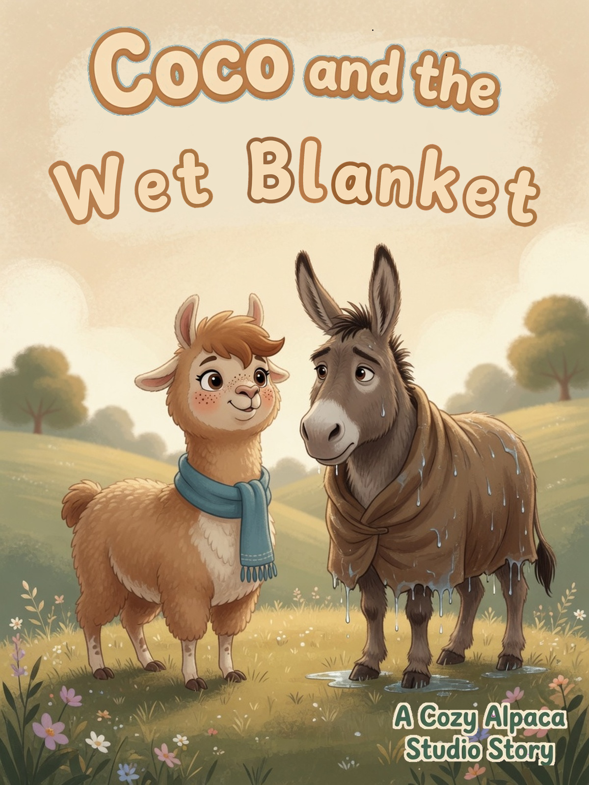 Cover of Coco and the Wet Blanket: Coco in a blue scarf beside Moss the donkey wrapped in a dripping wet blanket