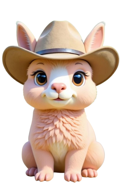 Sheriff Woolie, a peach chibi alpaca in a cowboy hat and vest