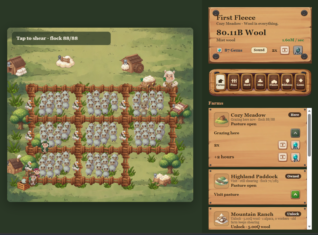 Tap Alpacas: meadow pens full of alpacas beside a wool shop panel