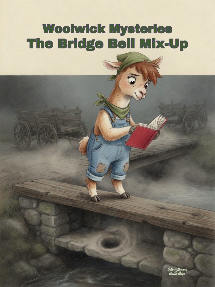Cover of Woolwick Mysteries: The Bridge Bell Mix-Up: Maple reading a red book on a misty stone bridge