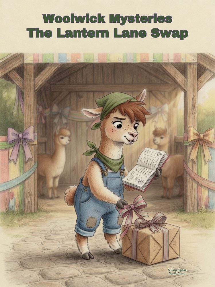 Cover of Woolwick Mysteries: The Lantern Lane Swap: Maple checking a notebook beside a ribboned parcel at a fair booth