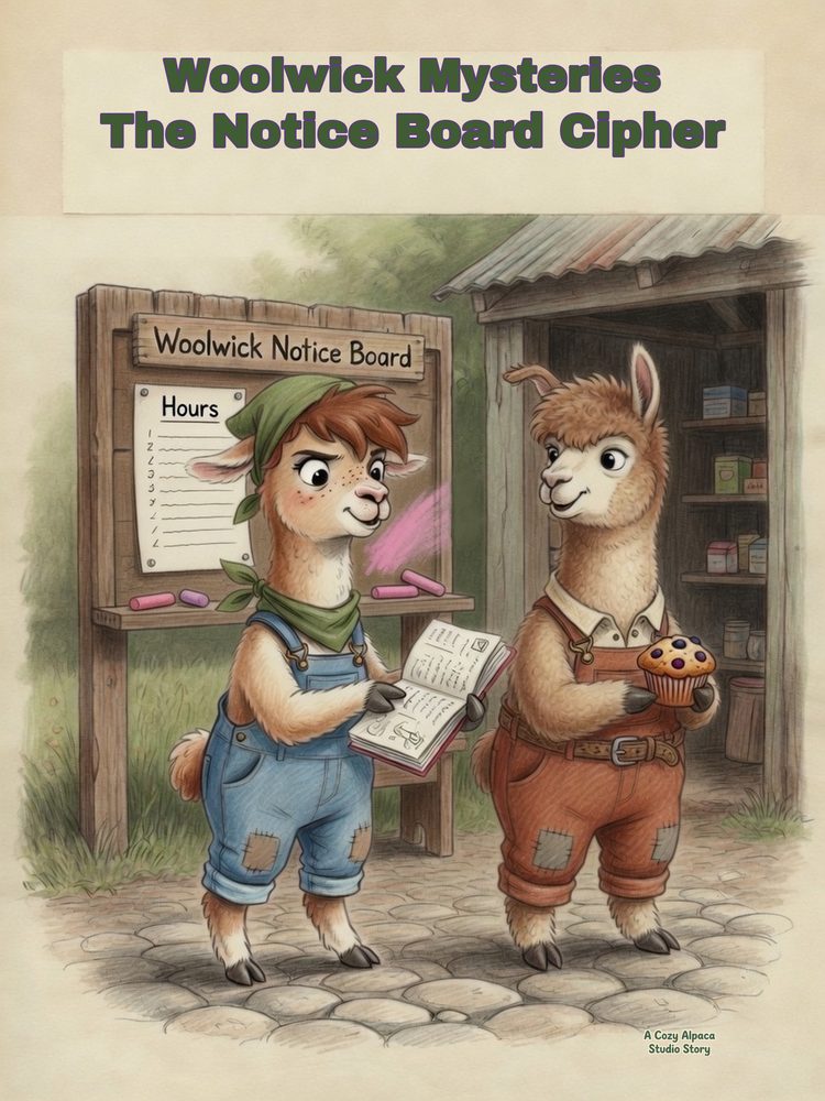 Cover of Woolwick Mysteries: The Notice Board Cipher: Maple and a friend beside the Woolwick notice board