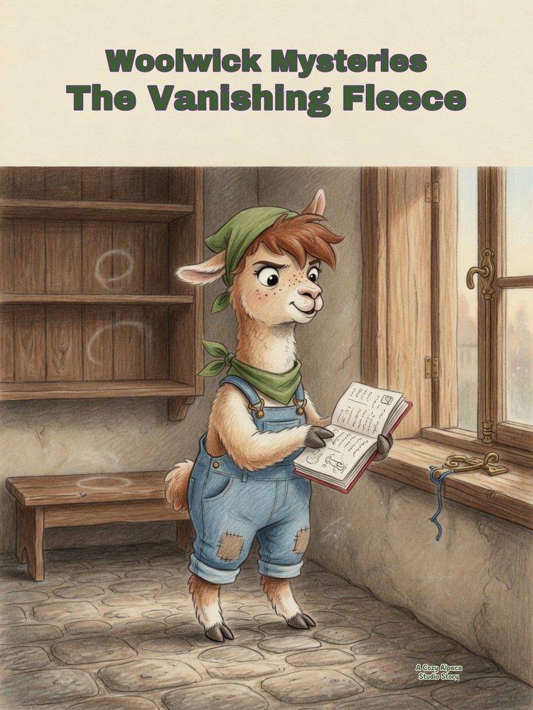 Cover of Woolwick Mysteries: The Vanishing Fleece: Maple the young alpaca in a green kerchief reading a notebook by a window
